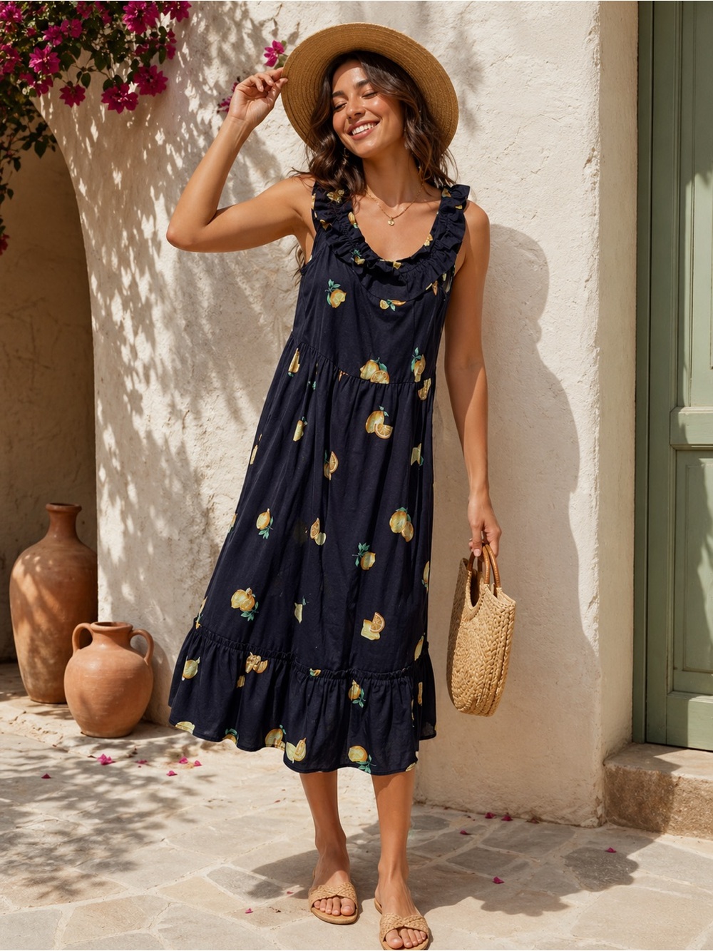 NWT Gilli Lemon Citrus Summer Print Ruffle Top Linen Sundress Vacation Medium